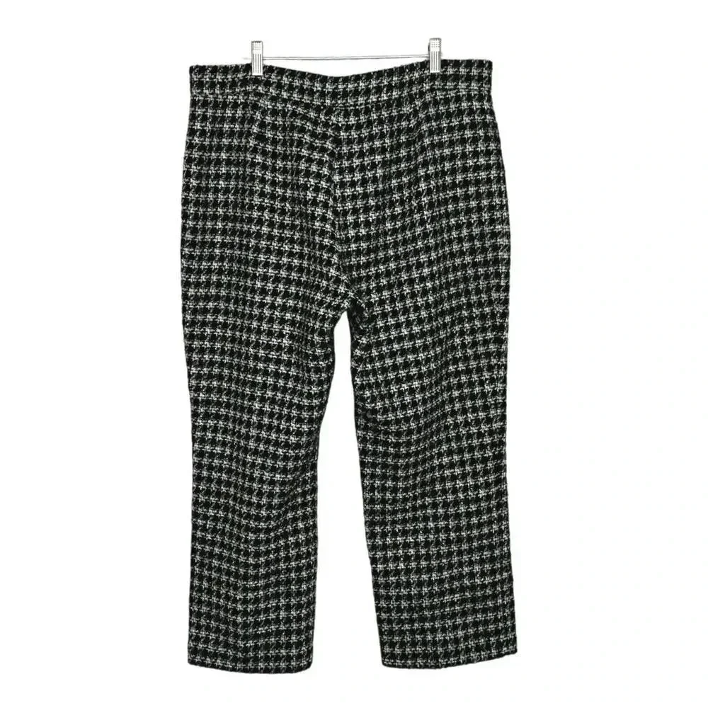 Zara Pants XXL Black White Green Houndstooth Tweed Straight Leg‎ High Rise Ankle